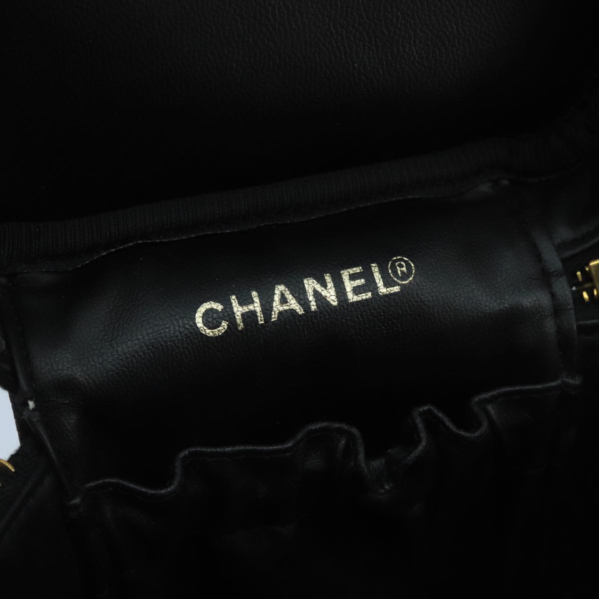 CHANEL Vanity Cosmetic Pouch Caviar Skin Black Gold CC 103221