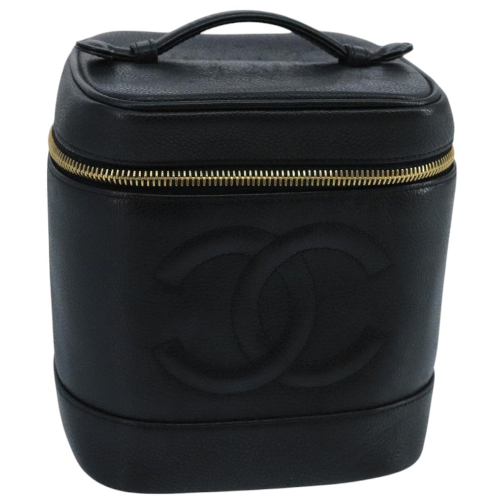 CHANEL Vanity Cosmetic Pouch Caviar Skin Black Gold CC 103221