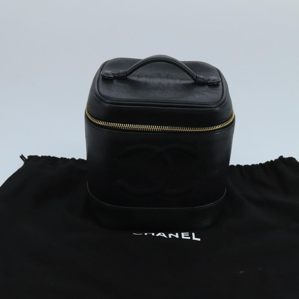CHANEL Vanity Cosmetic Pouch Caviar Skin Black Gold CC 103221