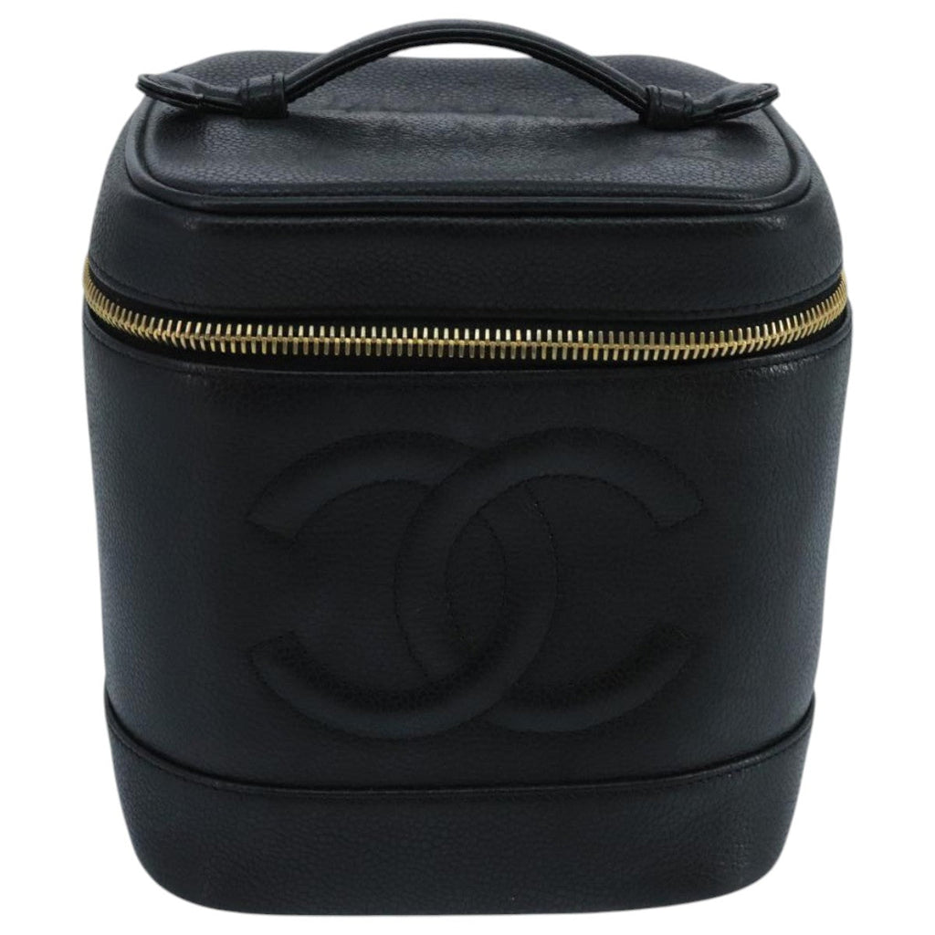 CHANEL Vanity Cosmetic Pouch Caviar Skin Black Gold CC 103221
