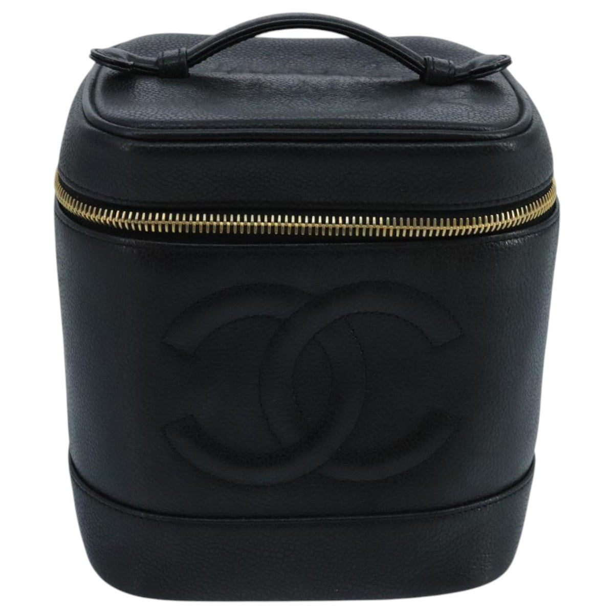 CHANEL Vanity Cosmetic Pouch Caviar Skin Black Gold CC 103221