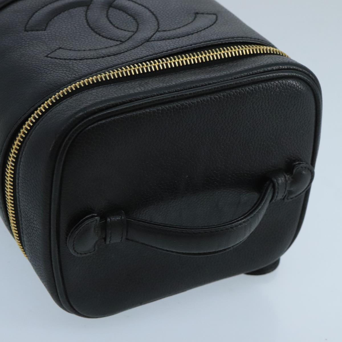 CHANEL Vanity Cosmetic Pouch Caviar Skin Black Gold CC 103221