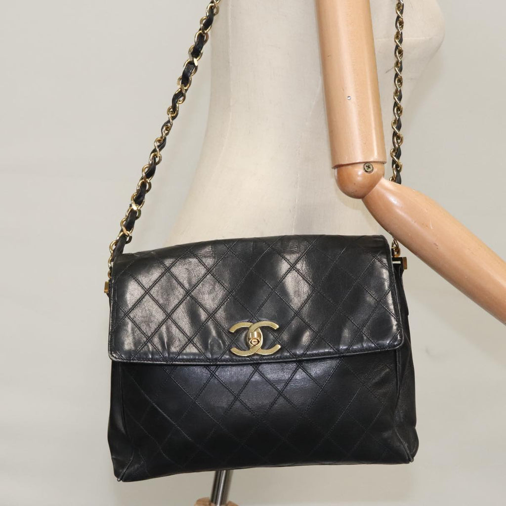 CHANEL Bicolore Chain Matelasse Shoulder Bag Lamb Skin Black Gold CC 103228
