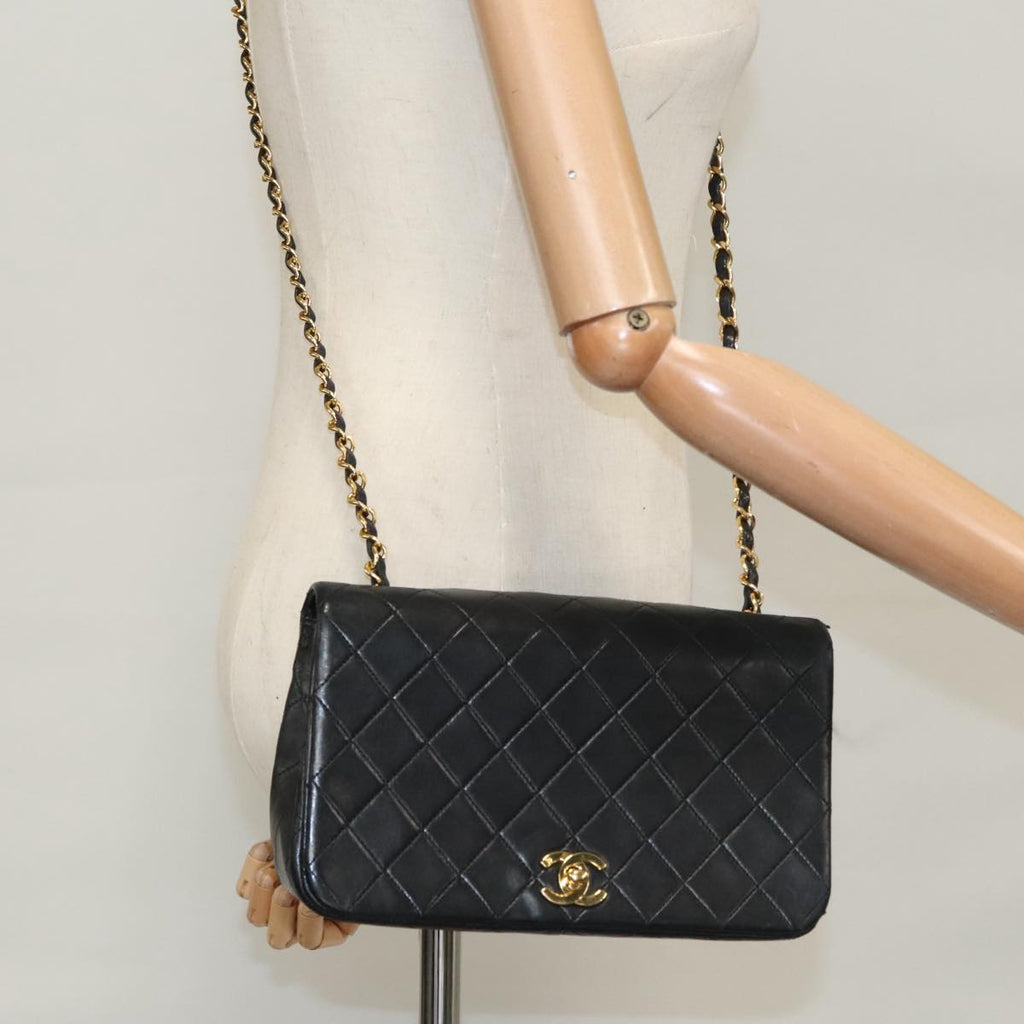 CHANEL Matelasse Chain Shoulder Bag Lamb Skin Black Gold CC 103232