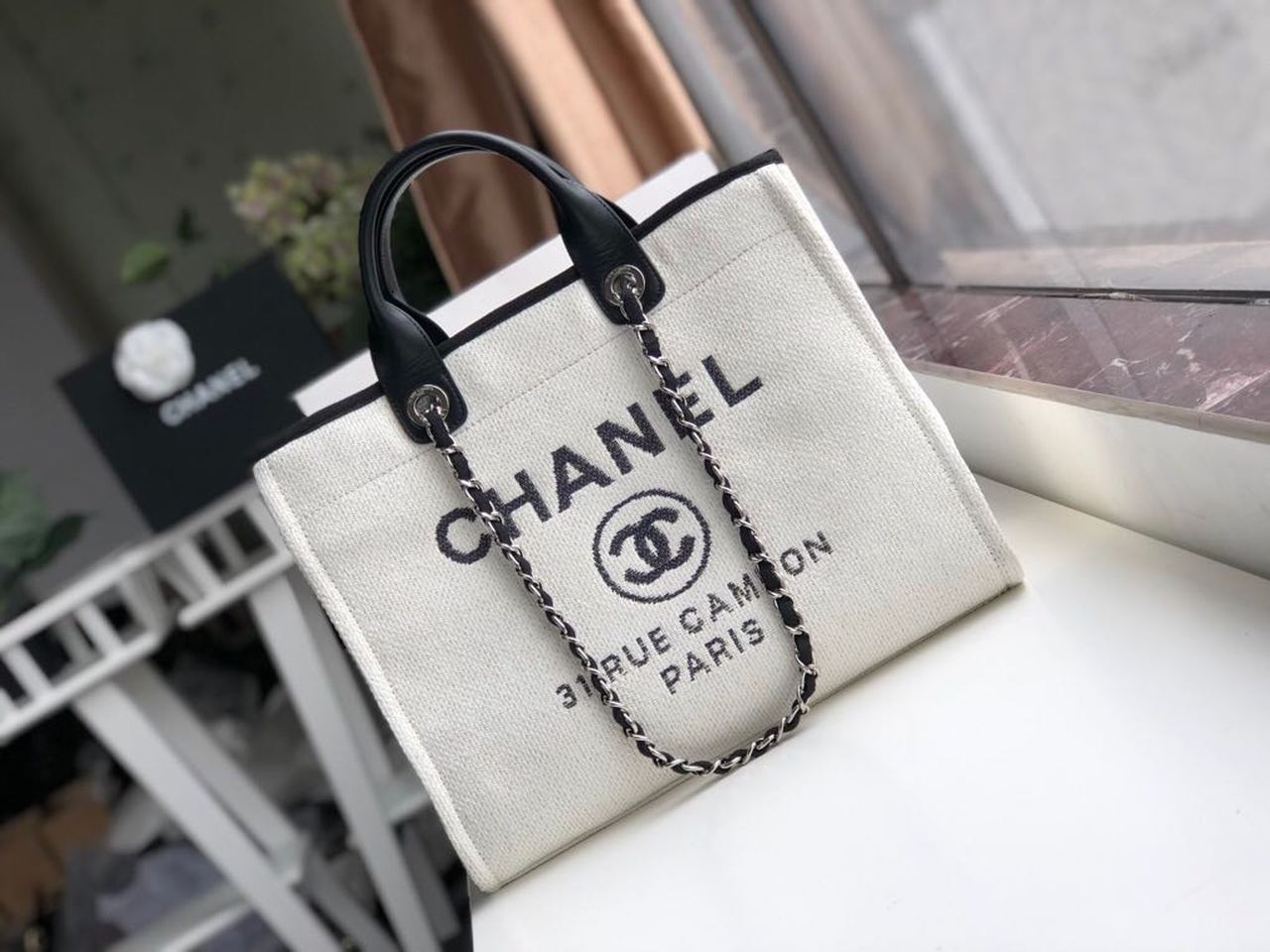 CHLSmall Shopping Bag Silver Hardware White For Women Handbags, Shoulder Bags 15.2in/39cm AS3257