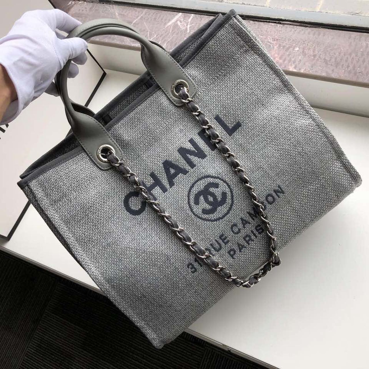 CHLSmall Shopping Bag Silver Hardware Grey For Women, Women’s Handbags, Shoulder Bags 15.2in/39cm AS3257