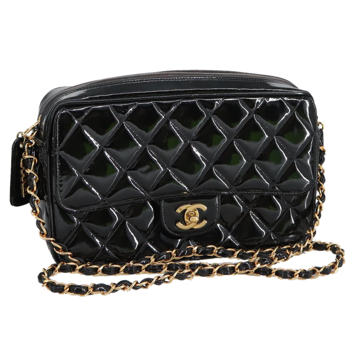 CHANEL Matelasse Chain Shoulder Bag Patent leather Black Gold CC 103451A