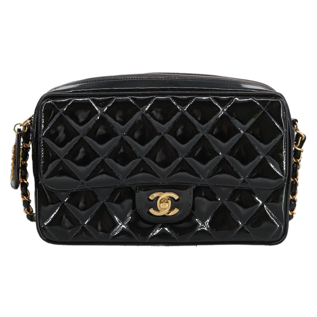 CHANEL Matelasse Chain Shoulder Bag Patent leather Black Gold CC 103451A
