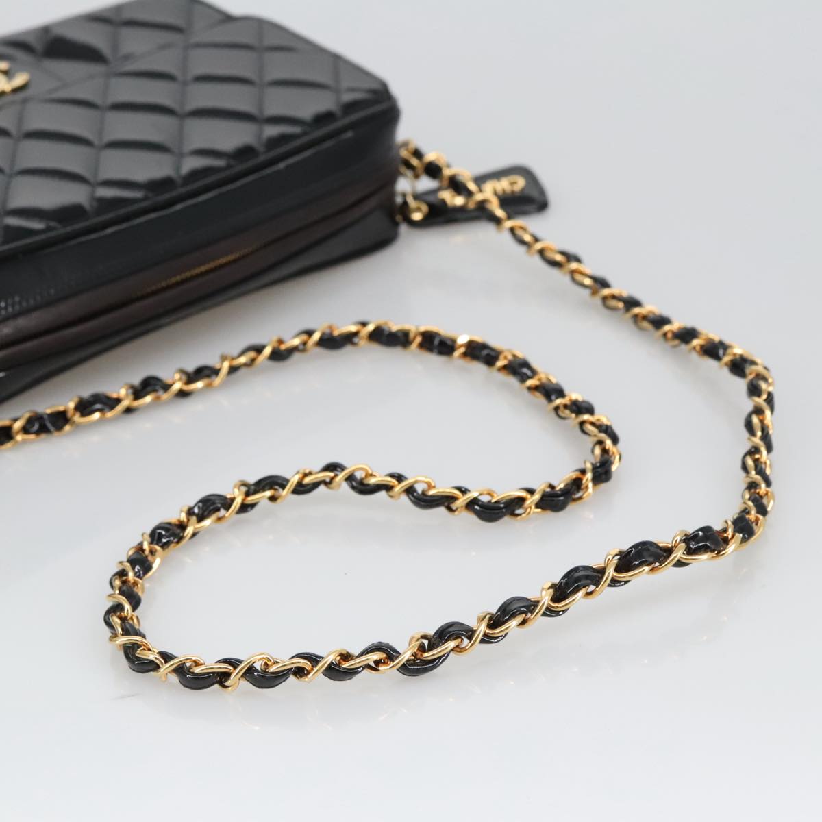 CHANEL Matelasse Chain Shoulder Bag Patent leather Black Gold CC 103451A