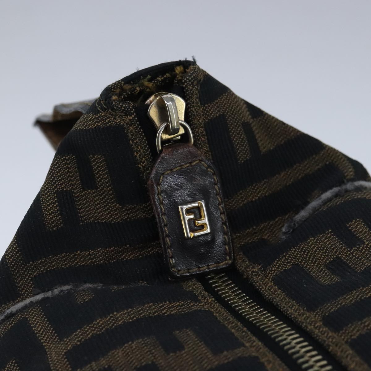 FENDI Zucca Canvas Vanity Hand Bag Brown Black Gold 103857