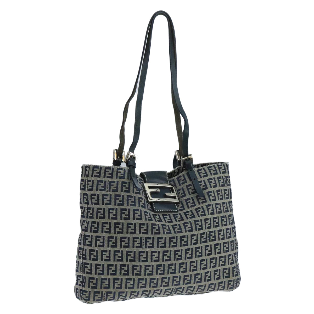 FENDI Zucchino Canvas Tote Bag Navy Silver 104436