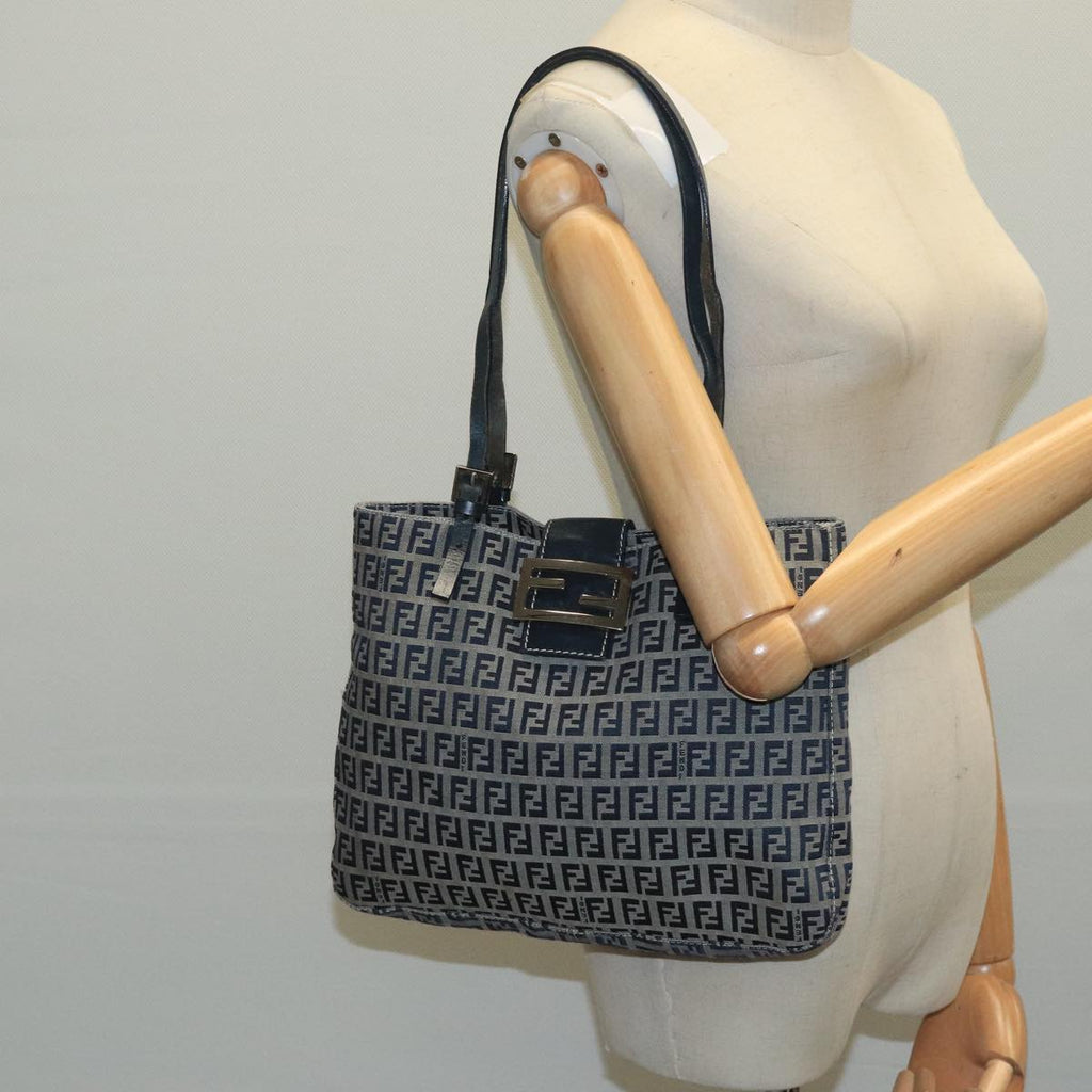 FENDI Zucchino Canvas Tote Bag Navy Silver 104436