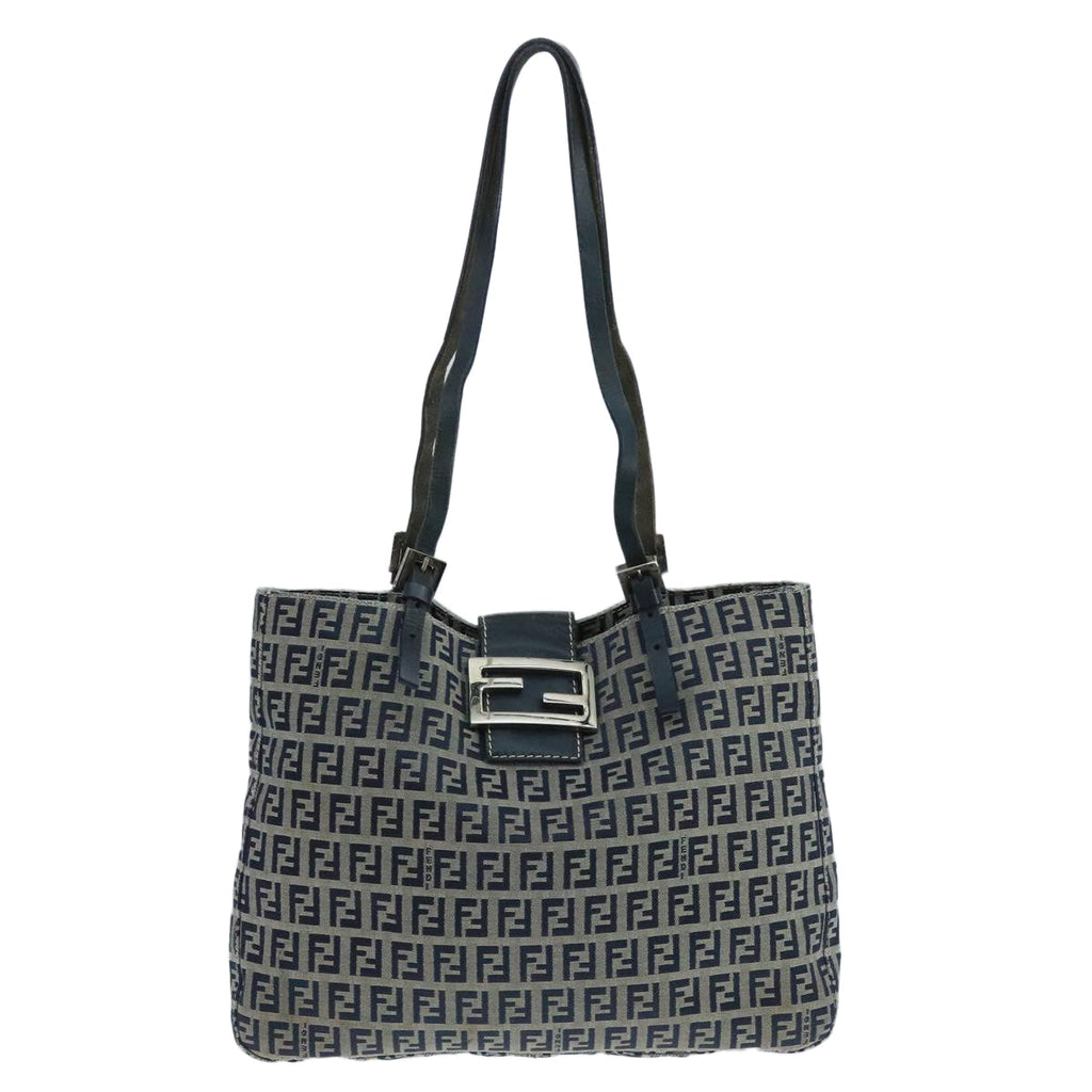 FENDI Zucchino Canvas Tote Bag Navy Silver 104436