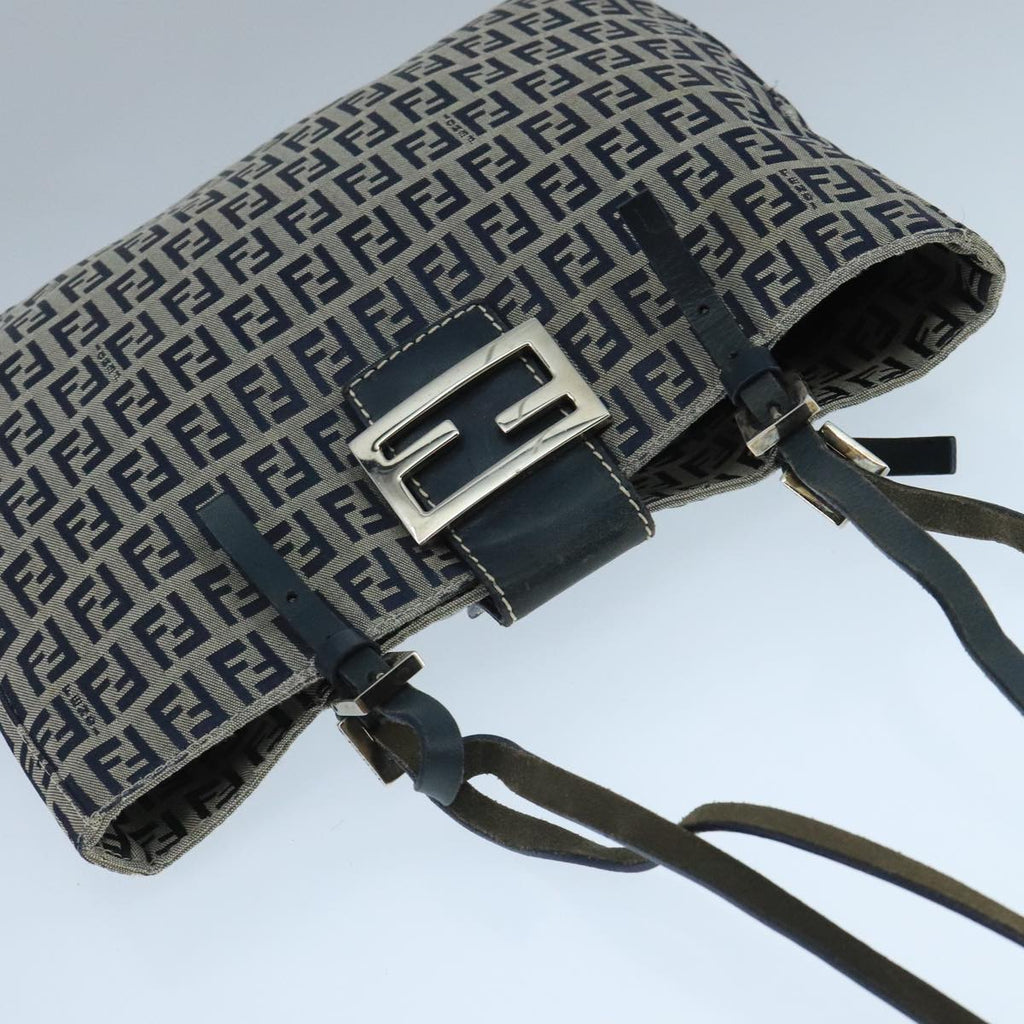 FENDI Zucchino Canvas Tote Bag Navy Silver 104436