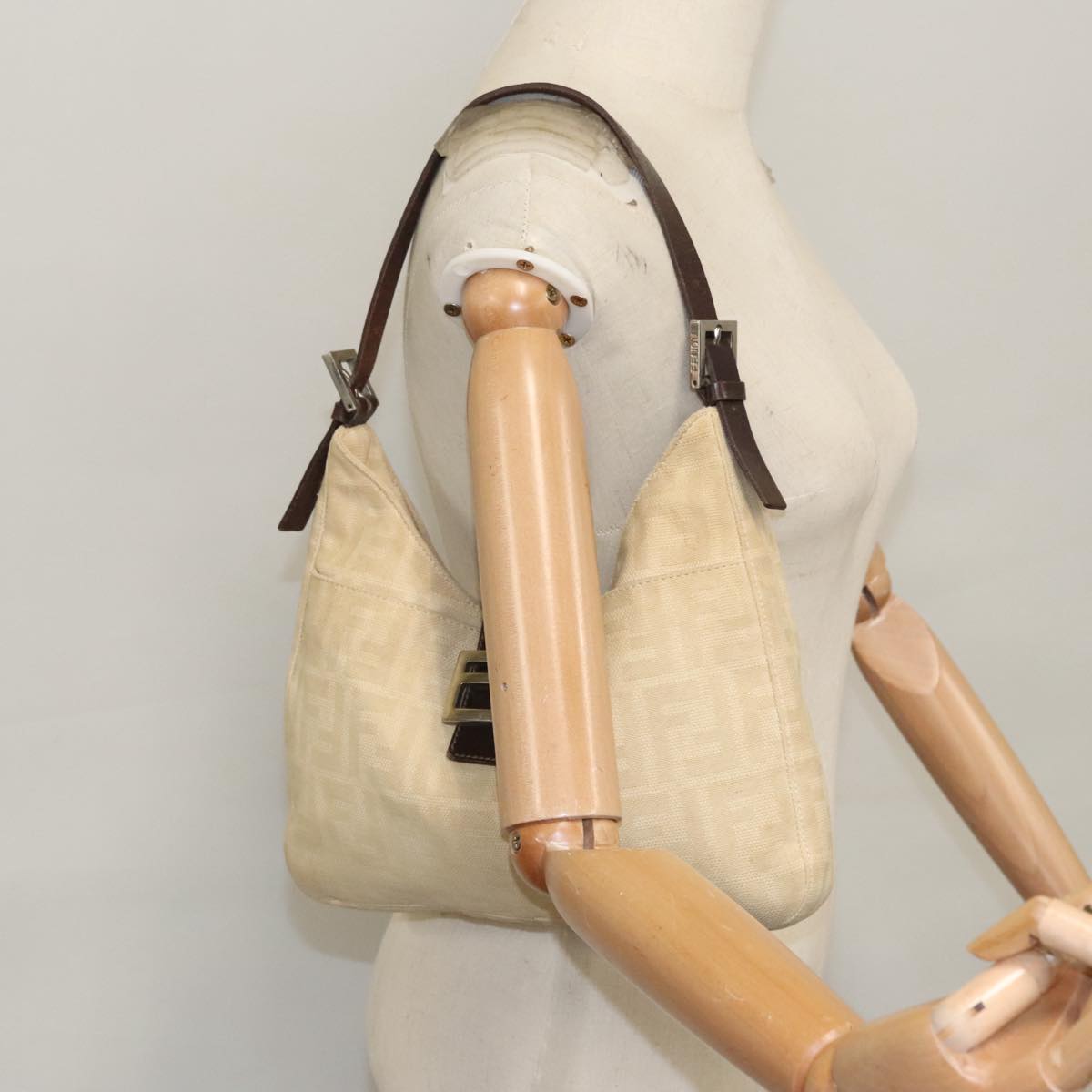 FENDI Zucca Canvas Mamma Baguette Shoulder Bag Beige Silver 104446