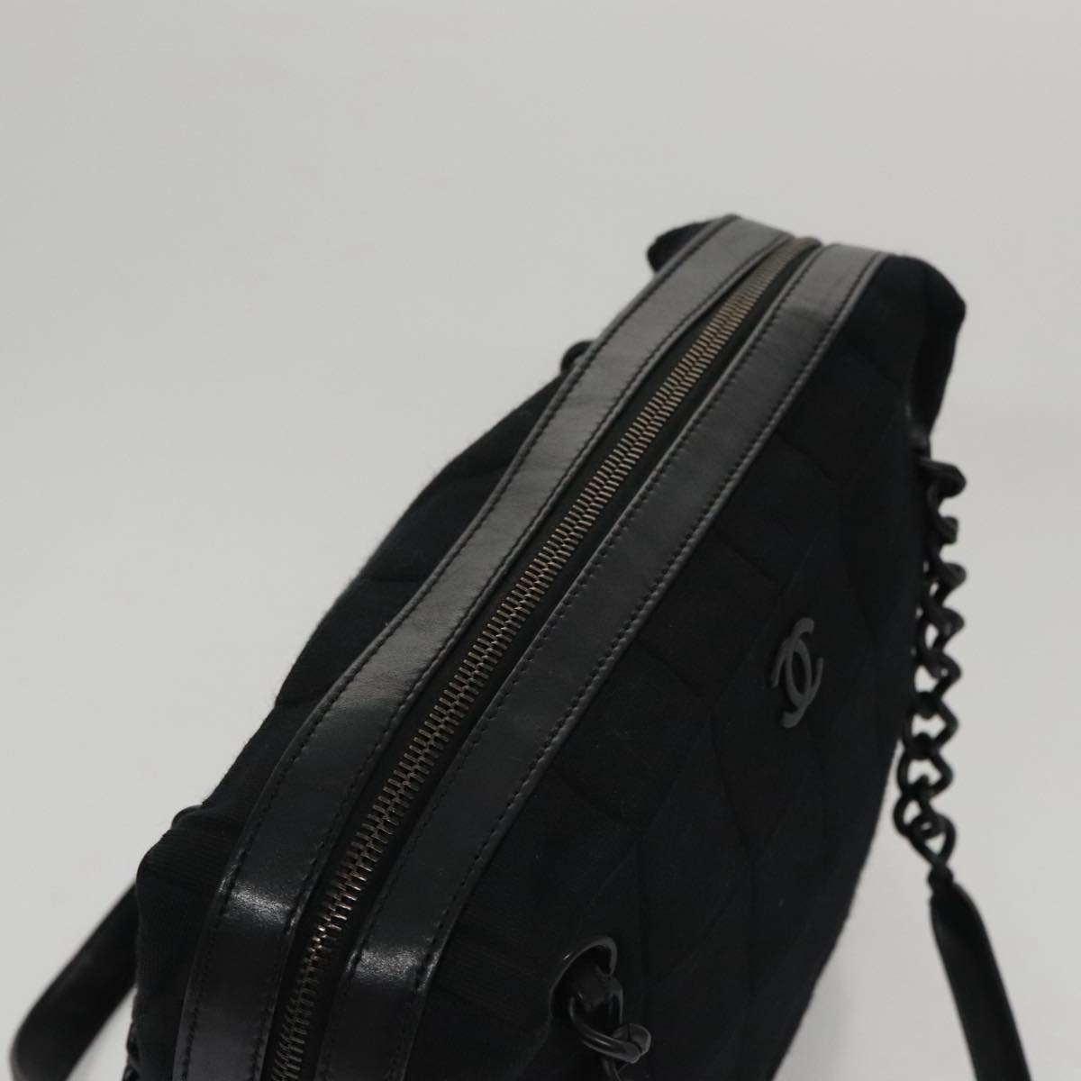CHANEL Choco Bar Chain Hand Bag Cotton Black CC 104579