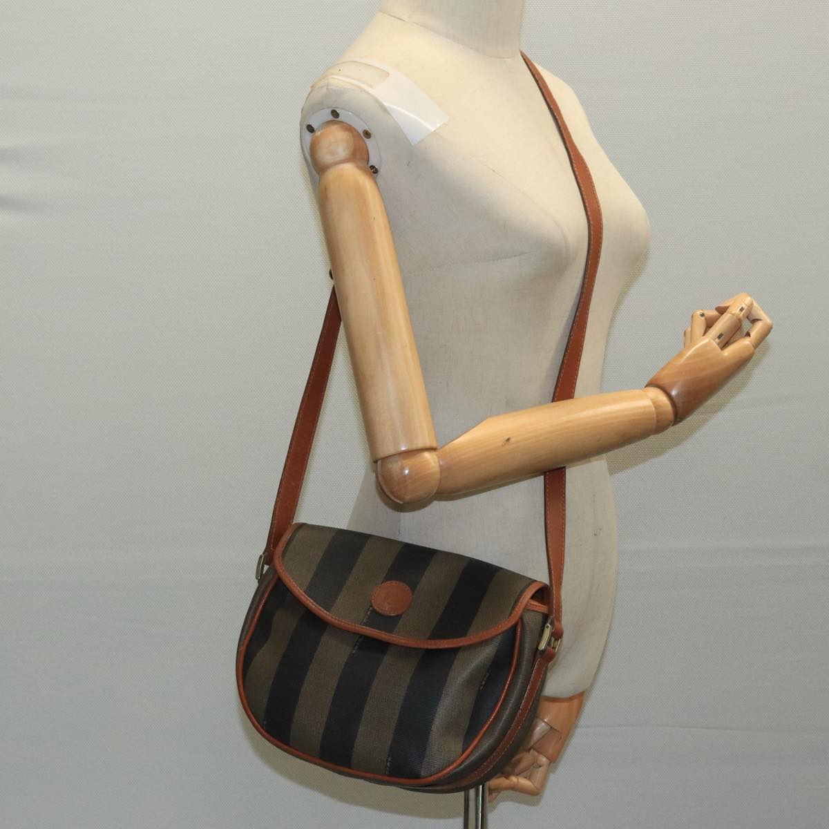 FENDI Pecan Canvas Shoulder Bag Brown Black 104665