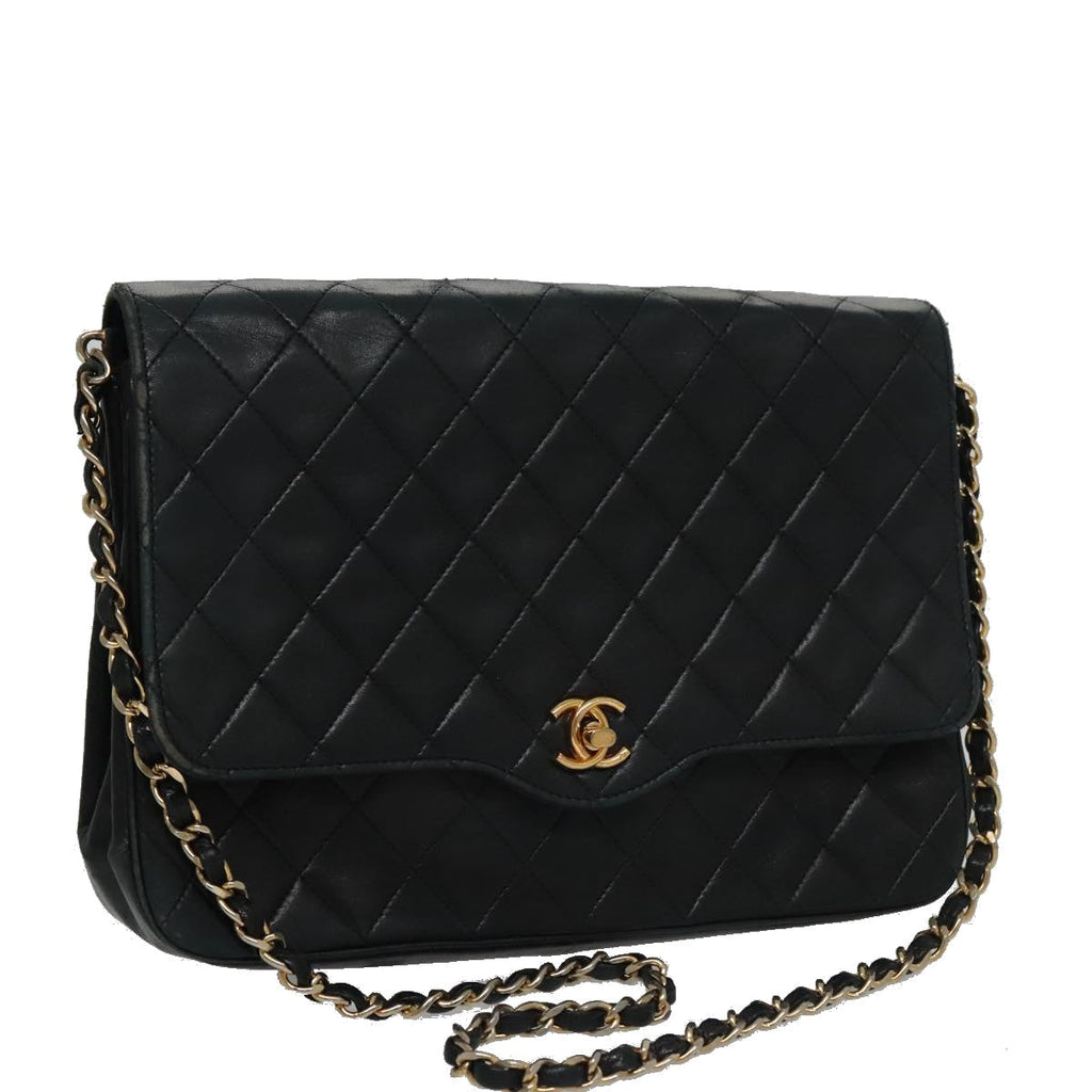 CHANEL Chain Matelasse Shoulder Bag Lamb Skin Navy CC 104986