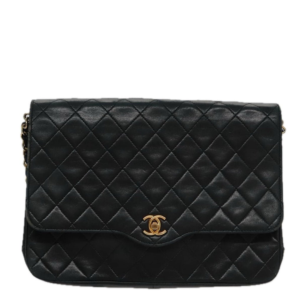 CHANEL Chain Matelasse Shoulder Bag Lamb Skin Navy CC 104986