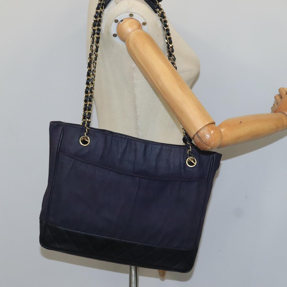 CHANEL Chain Matelasse Shoulder Bag Canvas Navy CC 104987