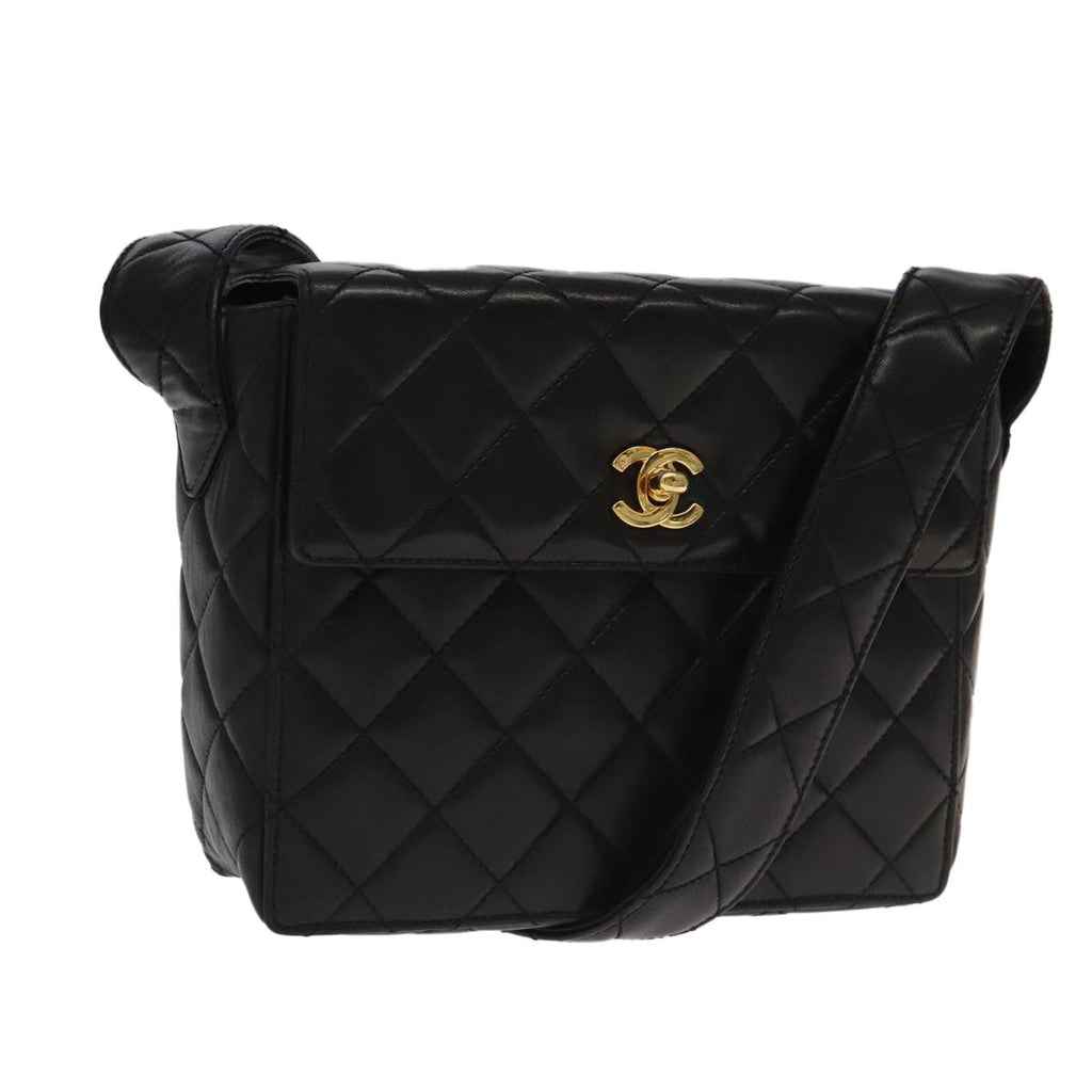 CHANEL Matelasse Shoulder Bag Lamb Skin Black Gold CC 104998A