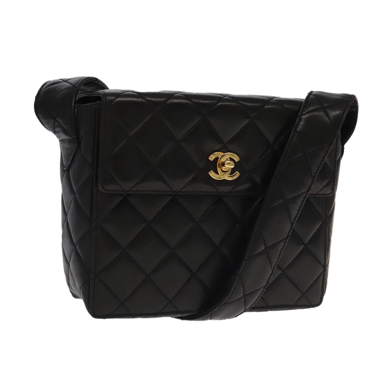 CHANEL Matelasse Shoulder Bag Lamb Skin Black Gold CC 104998A
