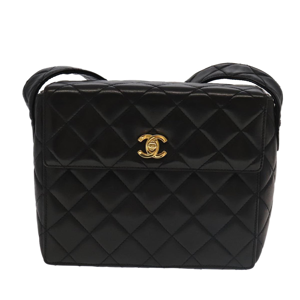 CHANEL Matelasse Shoulder Bag Lamb Skin Black Gold CC 104998A
