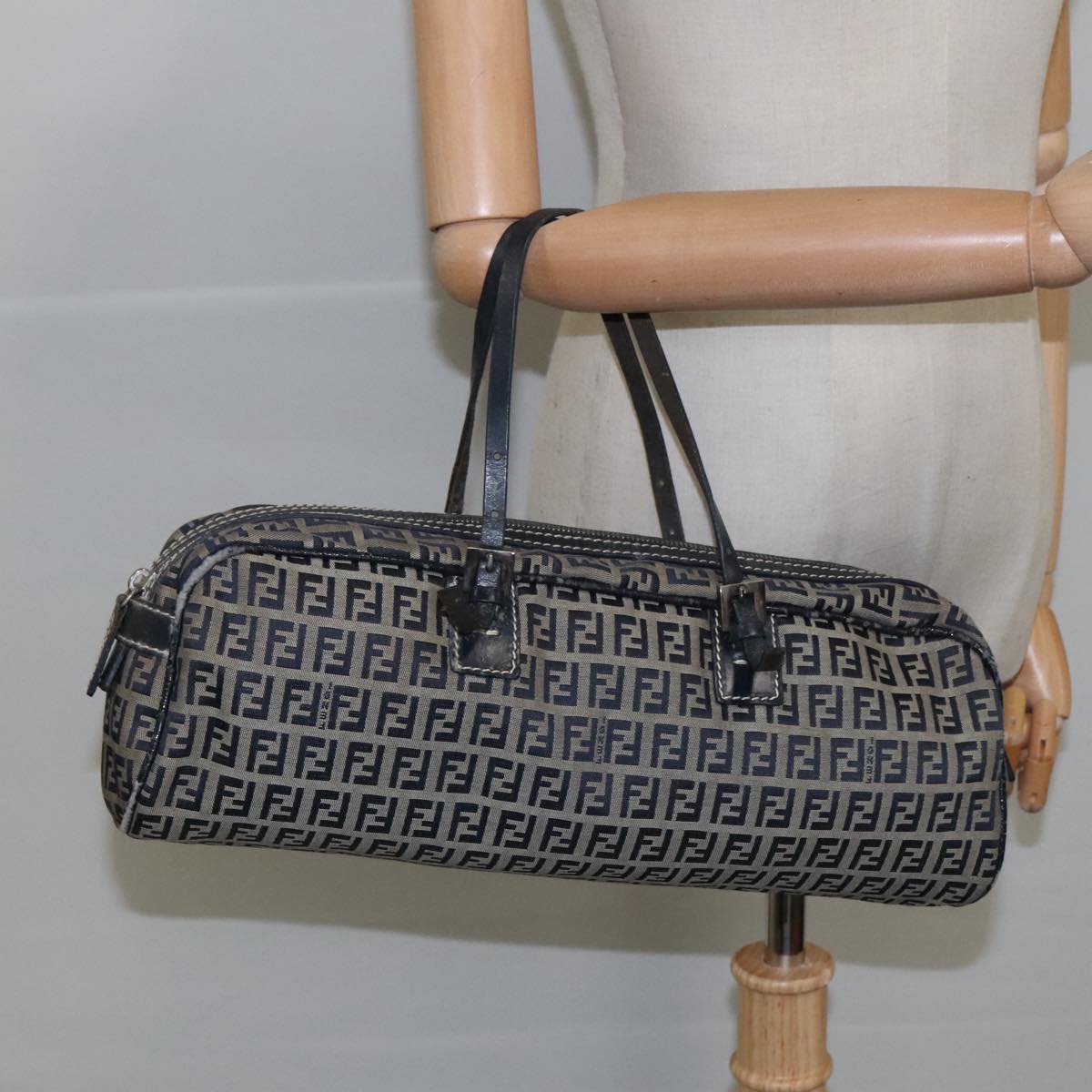 FENDI Zucchino Canvas Hand Bag Navy Silver 105071
