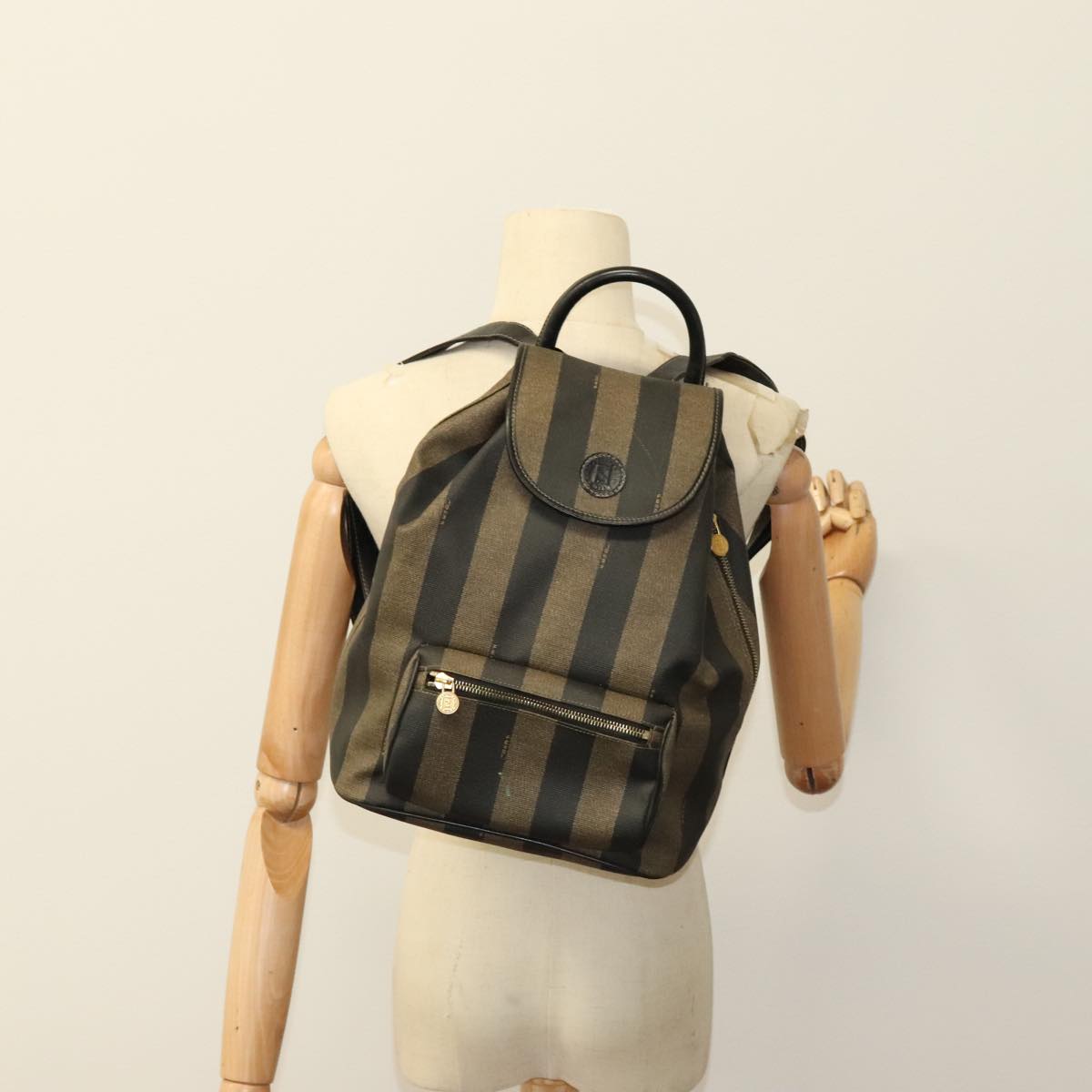 FENDI Pecan Canvas Backpack PVC Brown Black Gold 105418