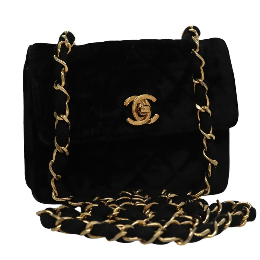 CHANEL Matelasse Chain Shoulder Bag Velor Black Gold CC 105662
