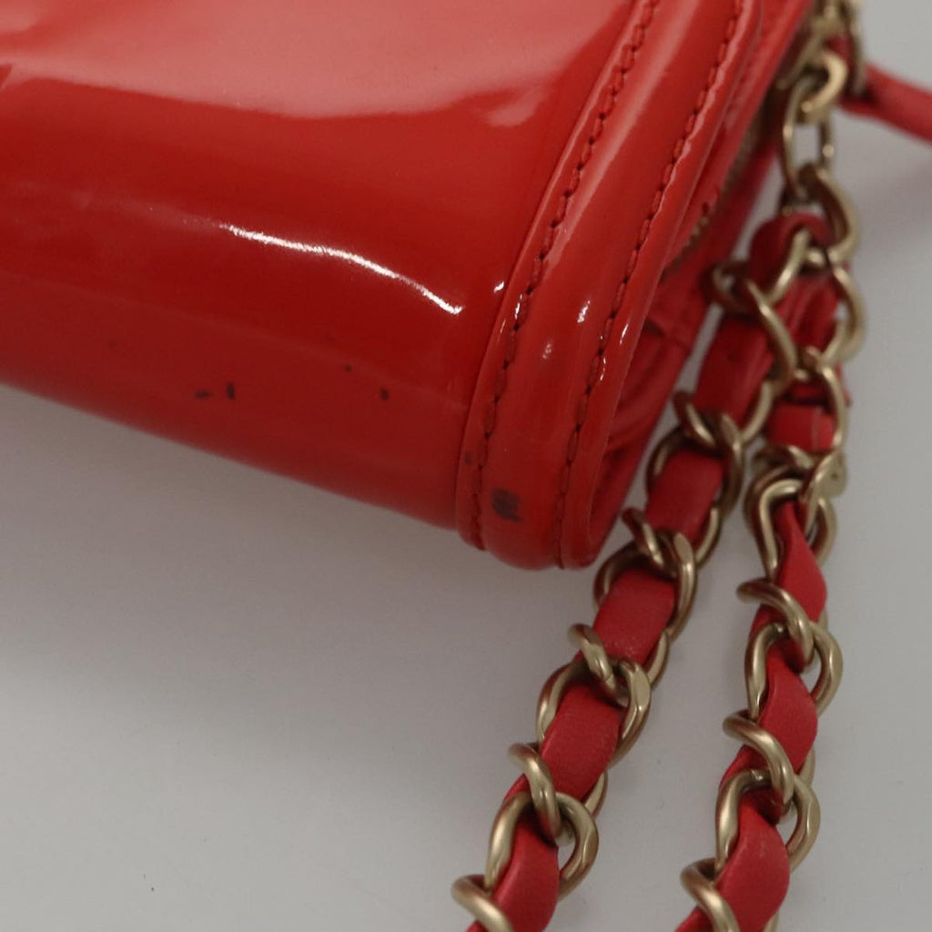 CHANEL Chain Second Bag Patent Leather Red Silver CC 105697