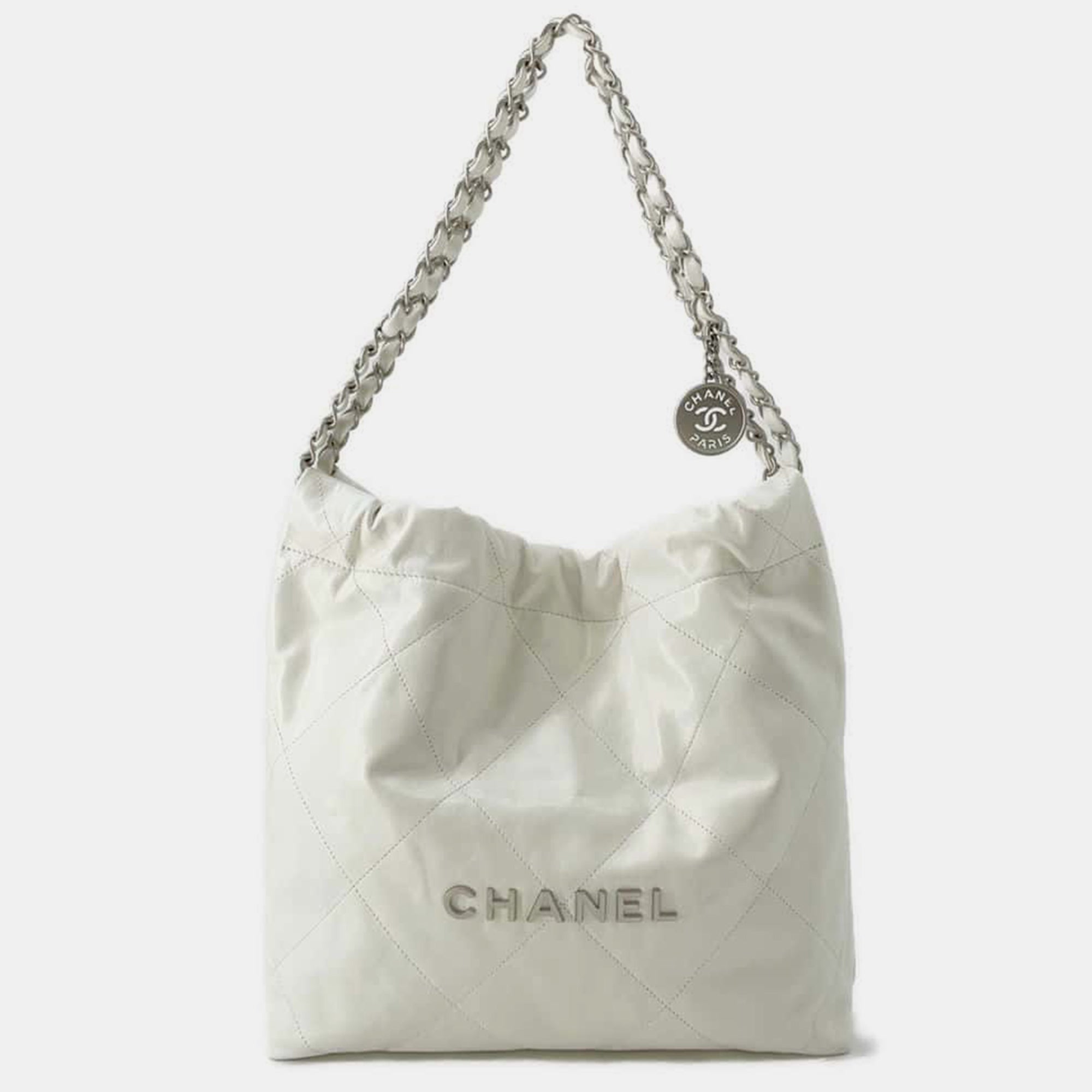 White Shiny Calf Leather Chanel22 Handbag Size Small
