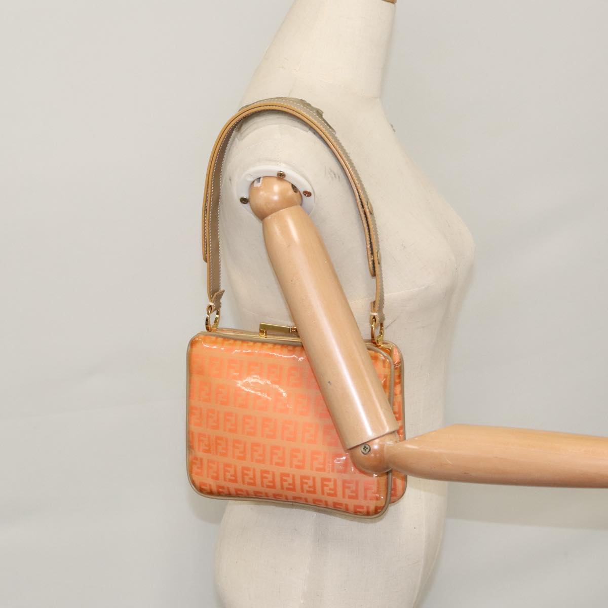 FENDI Zucchino Canvas Shoulder Bag Enamel Gold Orange 106076