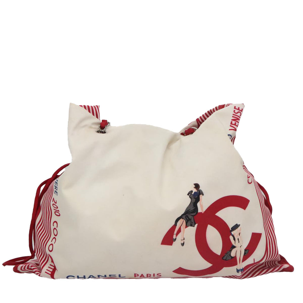 CHANEL Chain Tote Bag Nylon White Red CC 106203