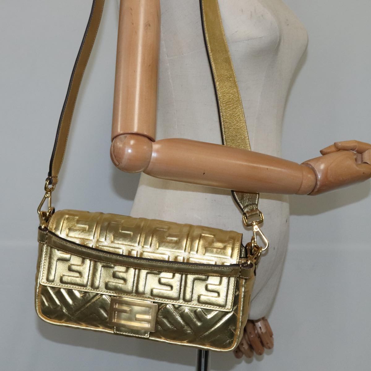FENDI Zucca Canvas Mamma Baguette Shoulder Bag 2way Gold 106218A