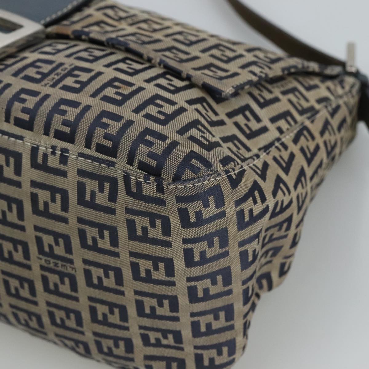 FENDI Zucchino Canvas Mamma Baguette Shoulder Bag Navy Silver 106348