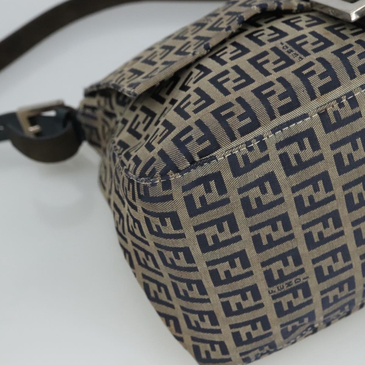 FENDI Zucchino Canvas Mamma Baguette Shoulder Bag Navy Silver 106348