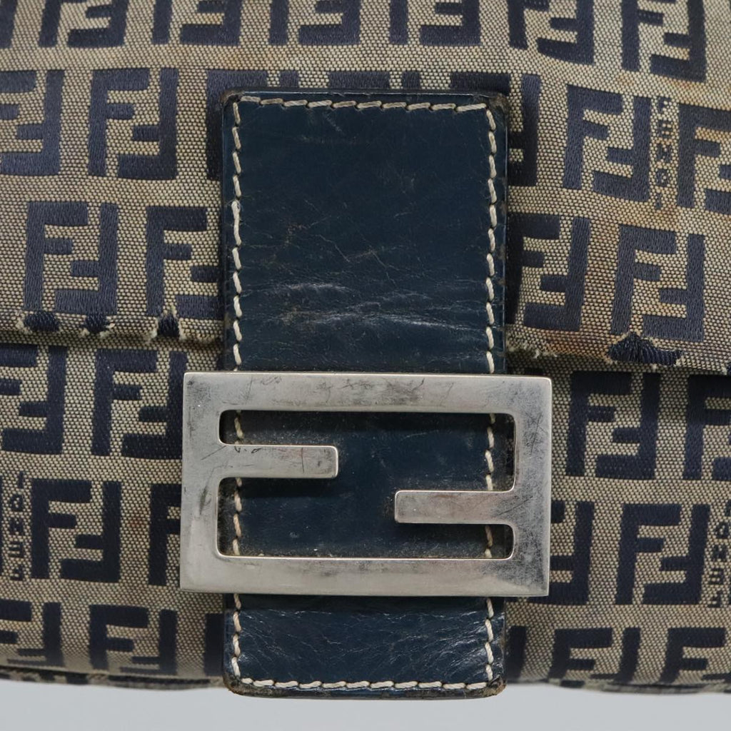 FENDI Zucchino Canvas Mamma Baguette Shoulder Bag Navy Silver 106348