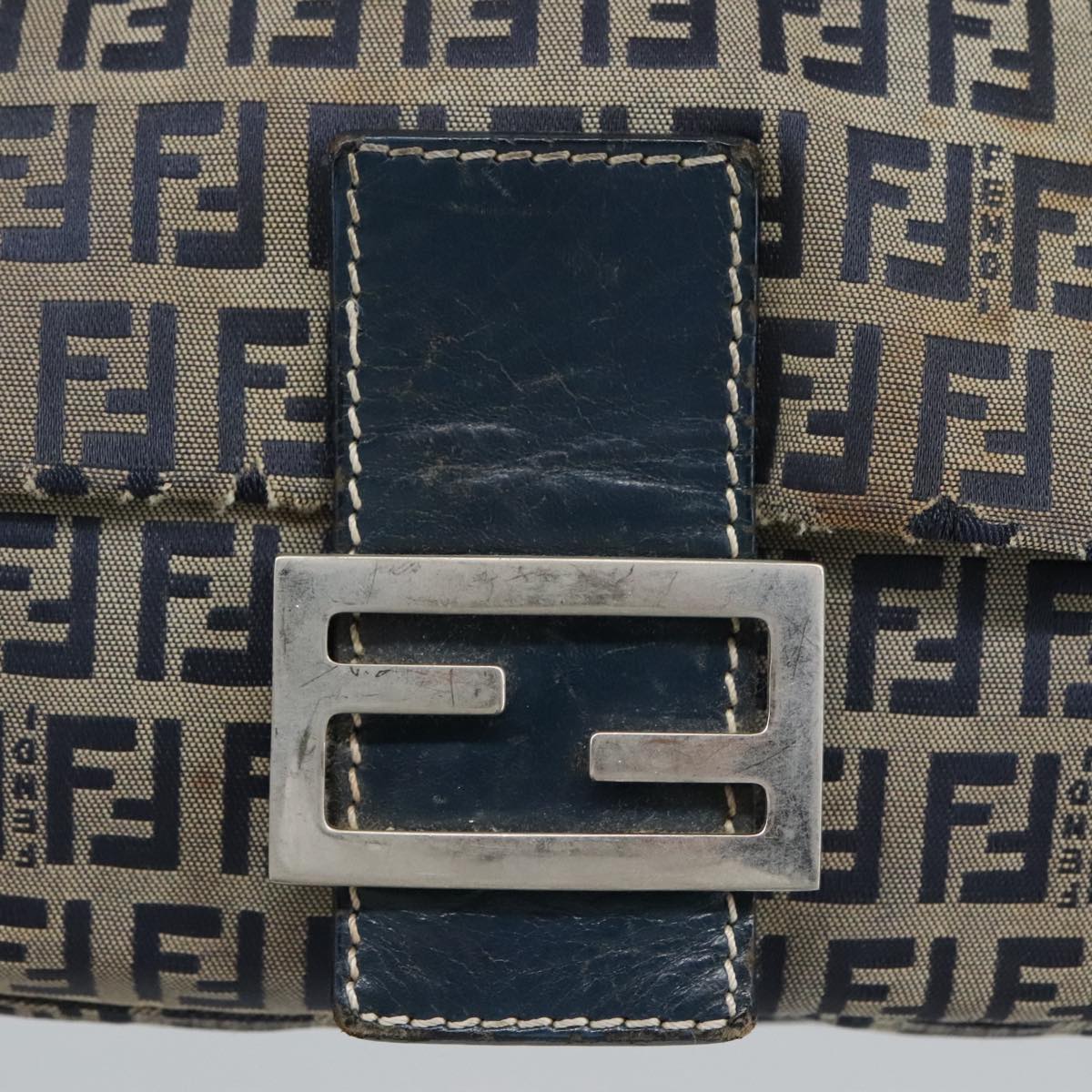FENDI Zucchino Canvas Mamma Baguette Shoulder Bag Navy Silver 106348