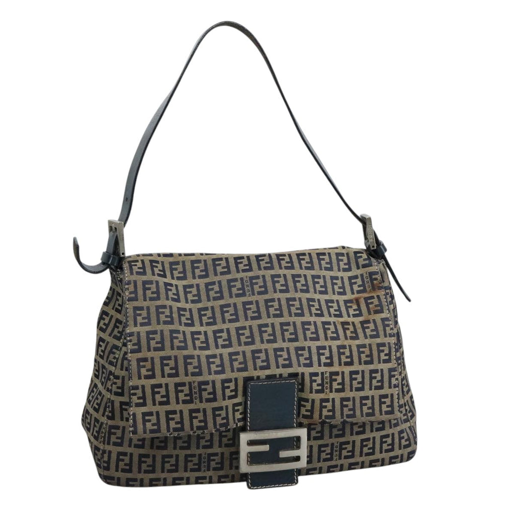 FENDI Zucchino Canvas Mamma Baguette Shoulder Bag Navy Silver 106348