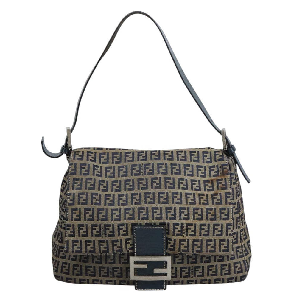FENDI Zucchino Canvas Mamma Baguette Shoulder Bag Navy Silver 106348