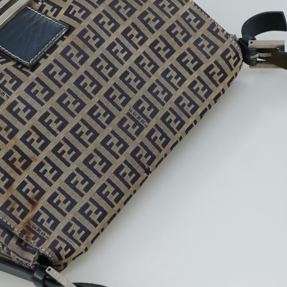 FENDI Zucchino Canvas Mamma Baguette Shoulder Bag Navy Silver 106348