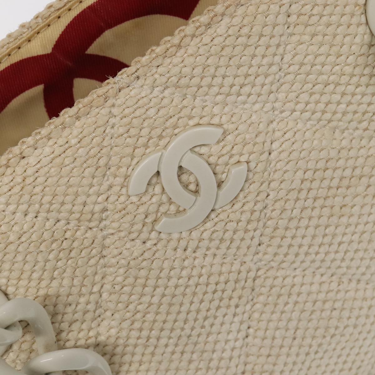 CHANEL Chain Tote Bag Raffia White CC 106387