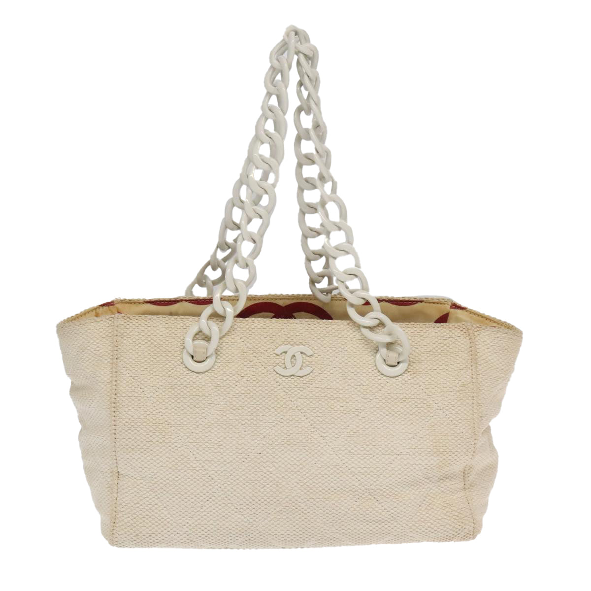 CHANEL Chain Tote Bag Raffia White CC 106387