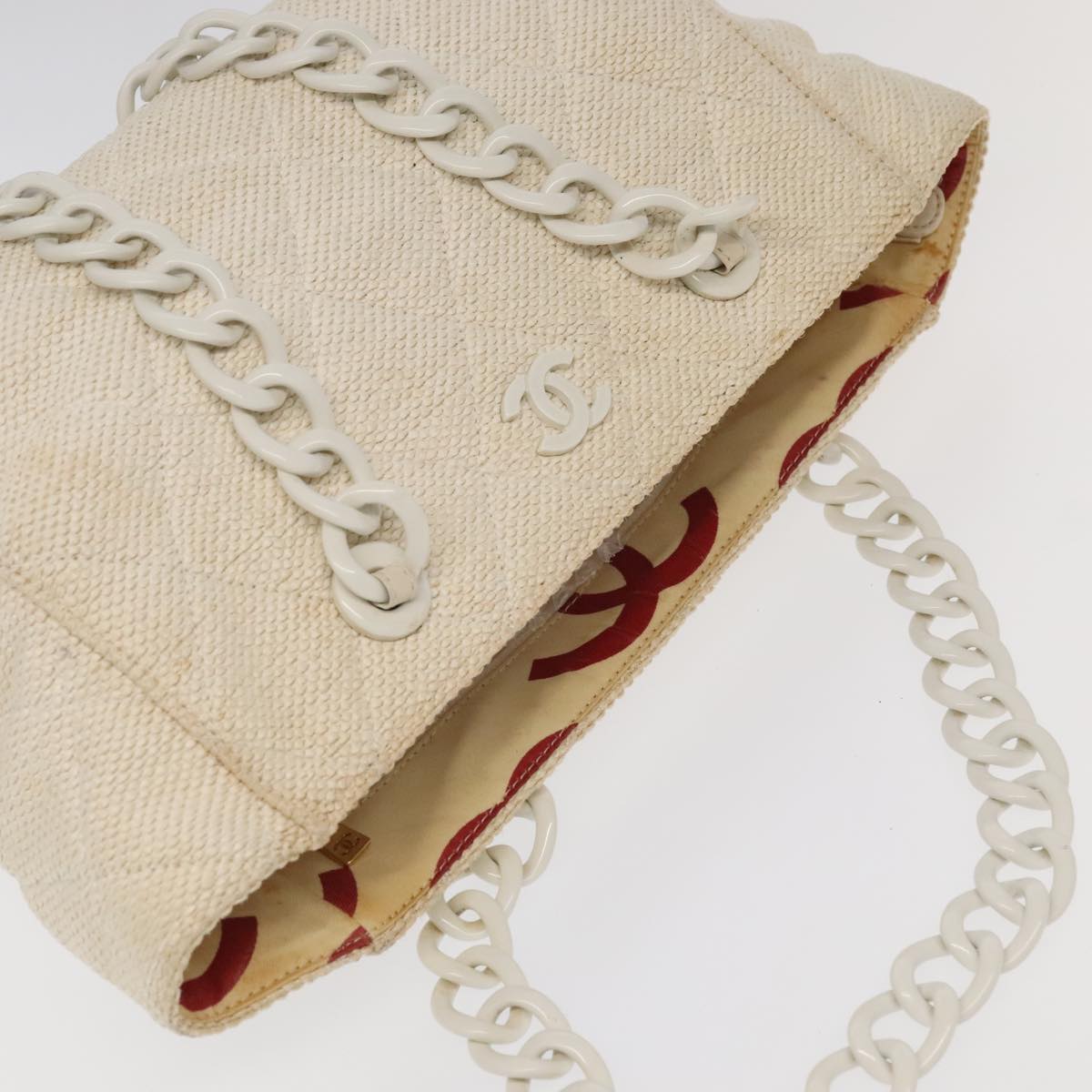 CHANEL Chain Tote Bag Raffia White CC 106387