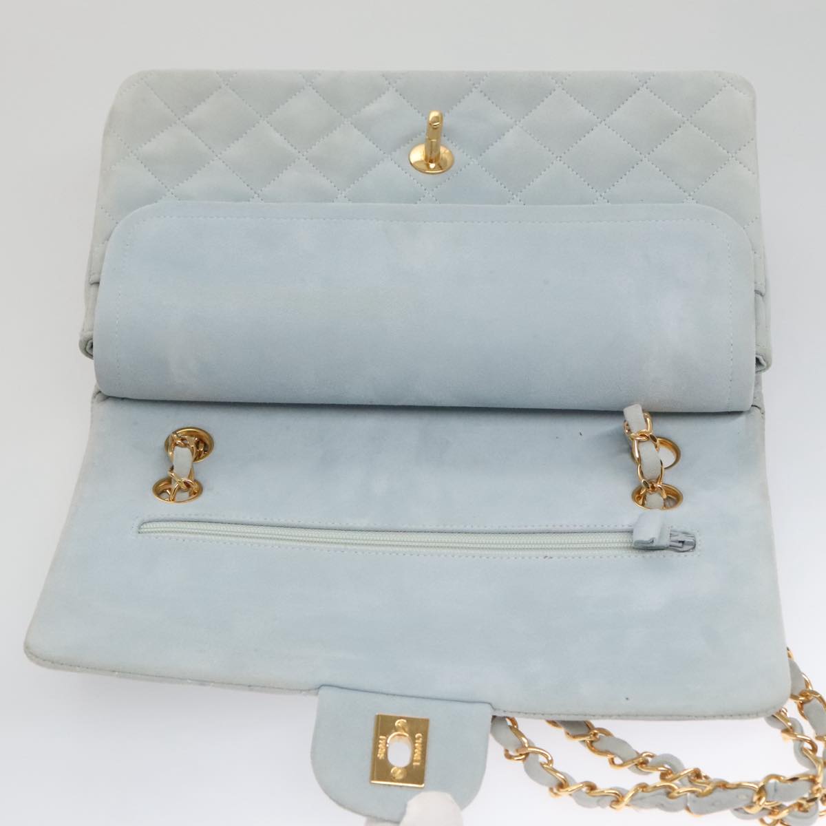 CHANEL Matelasse Chain Shoulder Bag Suede Light Blue Gold CC 106433A