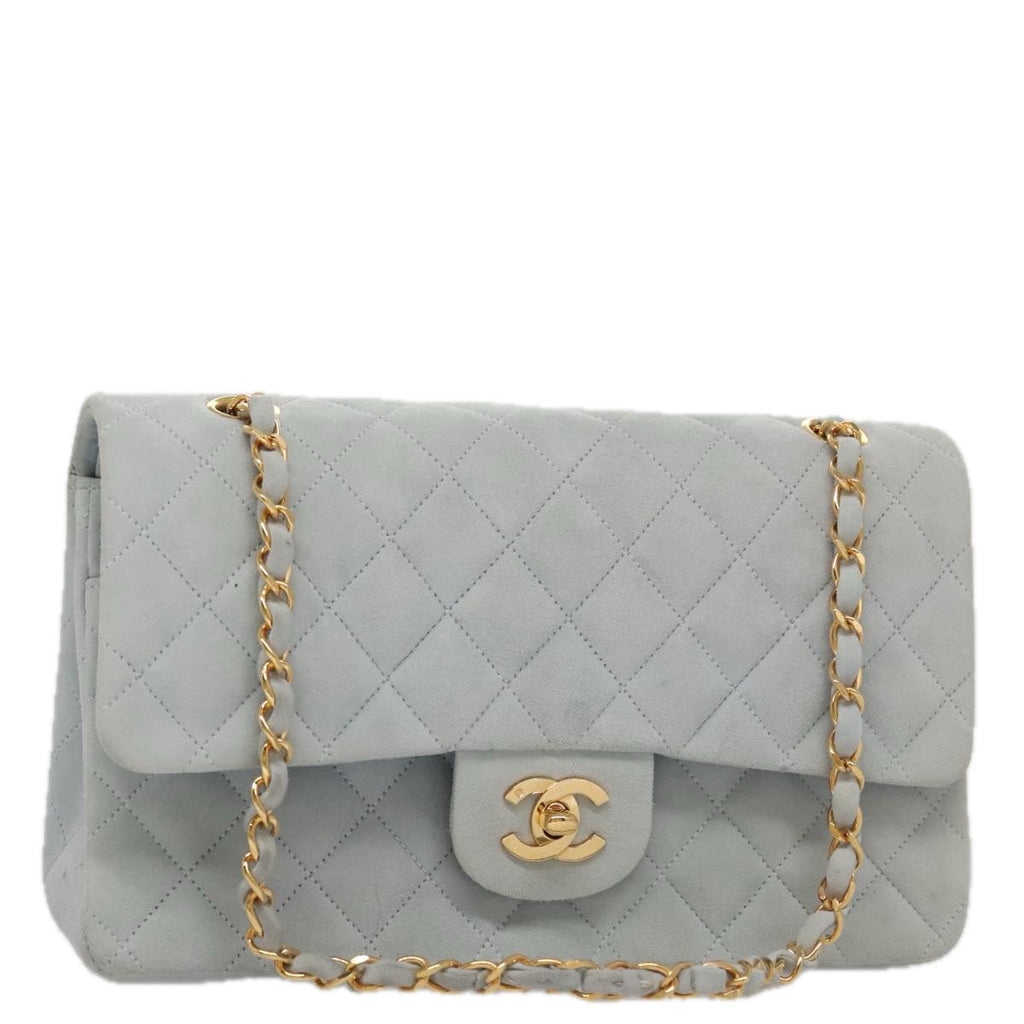 CHANEL Matelasse Chain Shoulder Bag Suede Light Blue Gold CC 106433A