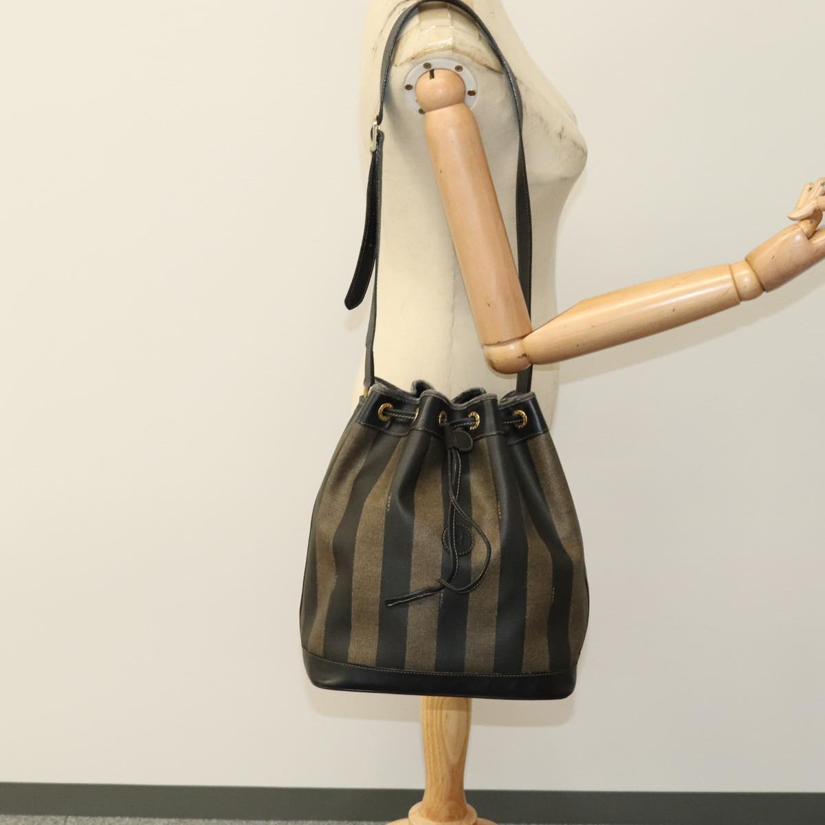 FENDI Pecan Canvas Shoulder Bag Brown Black Gold 106468