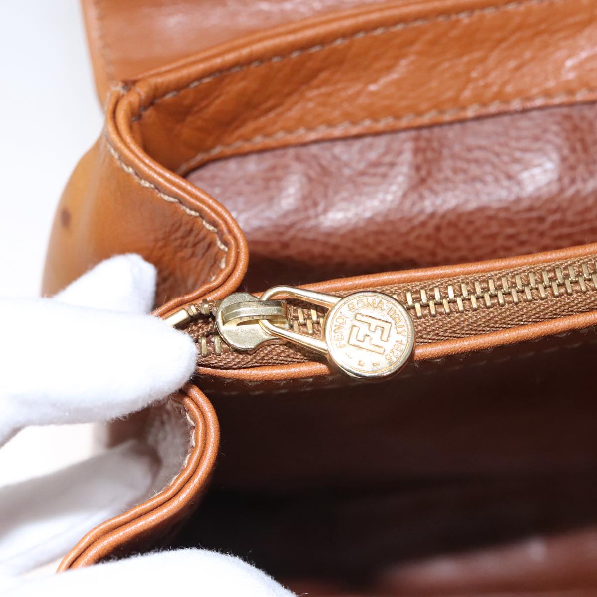 FENDI Hand Bag Leather Brown Gold 106494