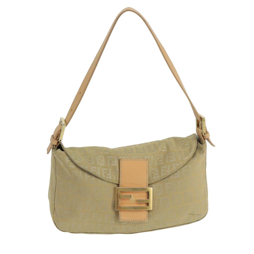 FENDI Zucchino Canvas Mamma Baguette Shoulder Bag Beige Silver 106527